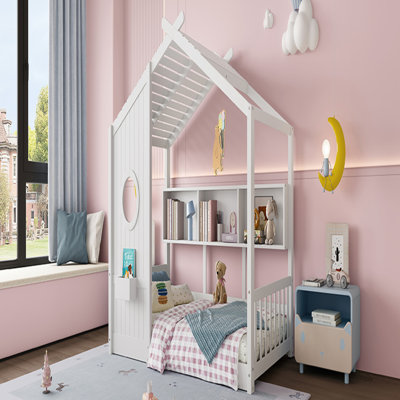 Lit simple pour enfants, lit Montessori pour enfant avec tablette de rangement et toit de maison de jeu, blanc