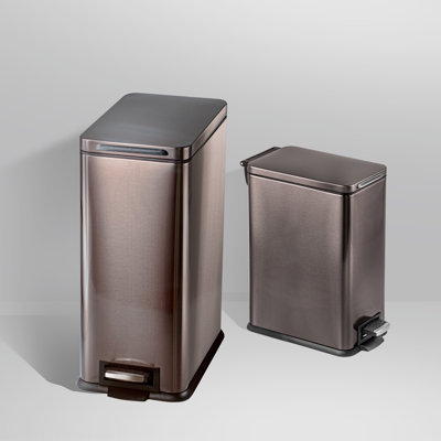 Home Zone Living 8 Gallon and 3 Gallon Slim Stainless Steel Trash Can Combo Set with Step Pedals and Soft-Close Lids