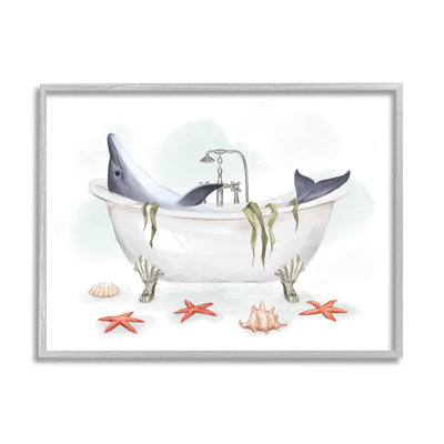 Dolphin Lounging in Bath Tub Nautical Shells Gray Farmhouse Rustic Oversized Framed Giclee Texturized Art by Ziwei Li