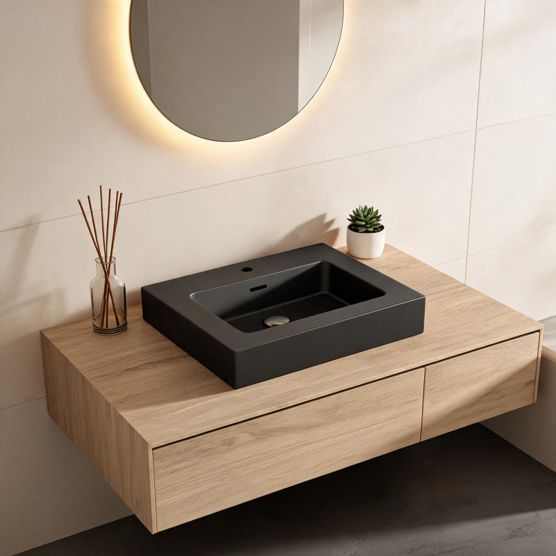 Lavabo de salle de bain intégré de 61 cm (24 pouces) en surface solide noire mate avec trop-plein