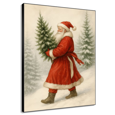 Très grand, reproduction d'art sur tissu - Père Noël rouge, entrée rétro - «Assemblage requis (cadre non fini)»