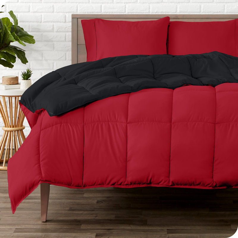 Lit dans un sac réversible en microfibre, Noir / rouge, rouge, Édredon très grand et 2 taies d'oreiller