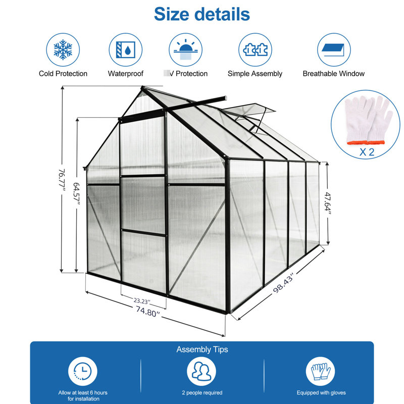 Serre robuste avec système de gouttière de drainage pour l'extérieur Panneau et porte en polycarbonate de 4 mm
