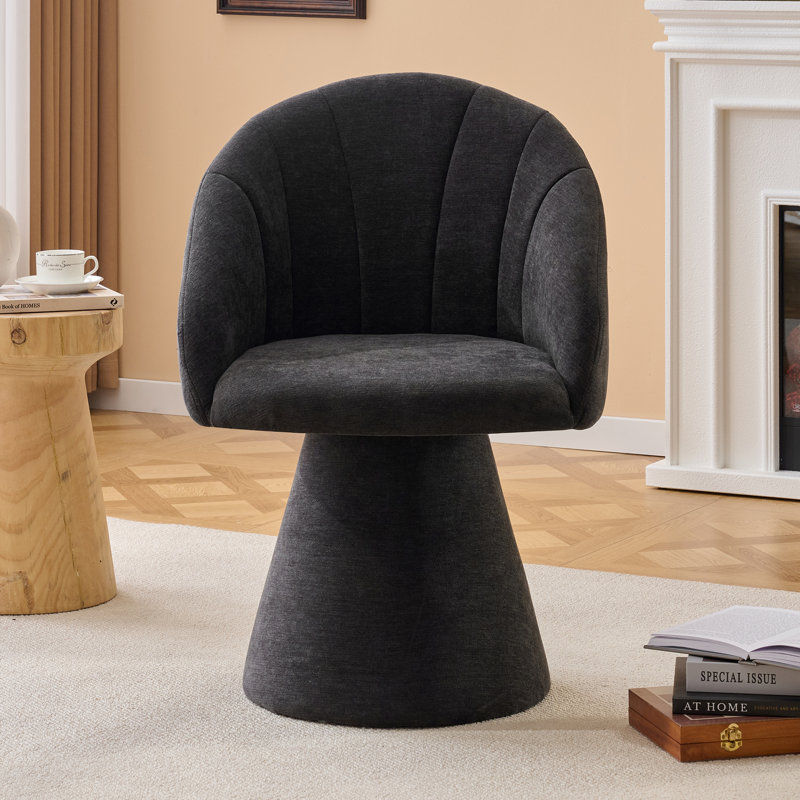 Upholstered Barrel Accent Chair With Chenille Fabric, Swivel Dining Armchair, Comfy Vanity Chair With Curved Backrest For Makeup Room 