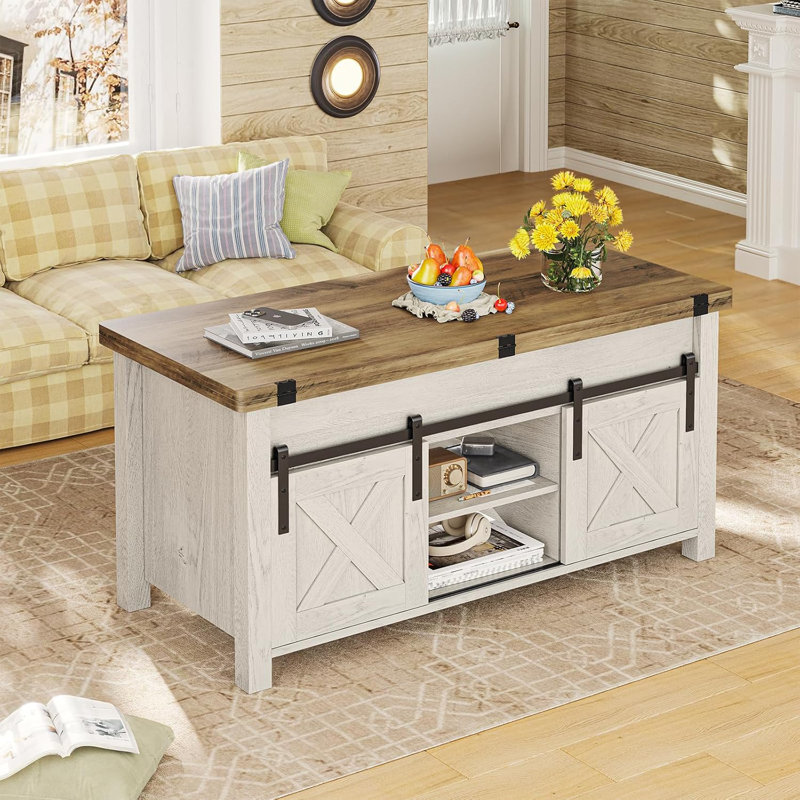 Lonan Coffee Table  Farmhouse Coffee Table with Storage and Hidden Compartment, Oak/Antique White
