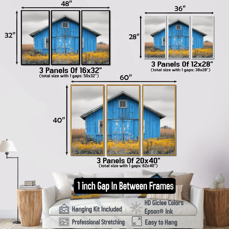 Ensemble de salon art mural grange d'automne bleu gris, Cadre flottant doré, H 40 po x l 60 po x P 1 po