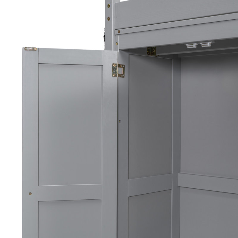 Lit mezzanine double gris avec garde-robe, étagères, rangement à ampoules DEL, garde-robe en tissu