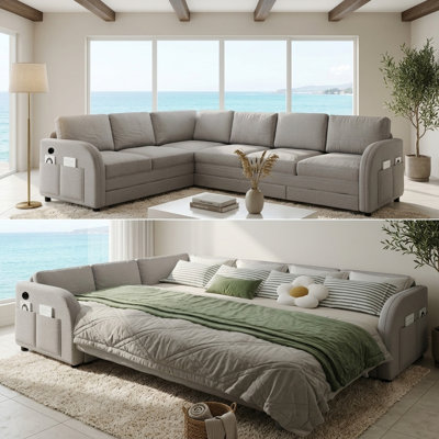 83.8" W Oversize L-Shaped Sofa with Pull-Out Sleeper Bed Usb Port and Reversible Chaise Light Grey Sherpa Fleece