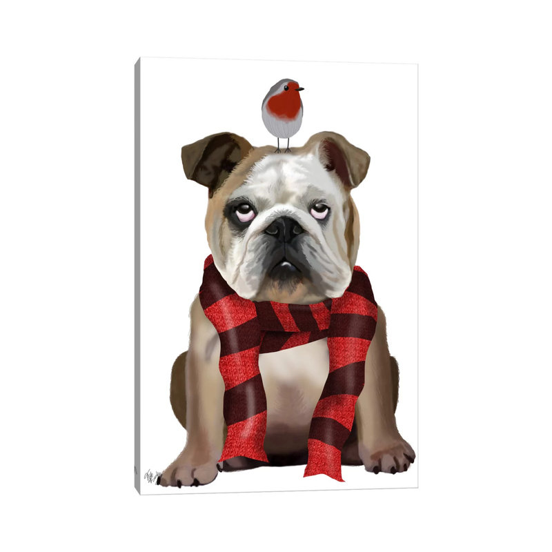 English Bulldog, Scarf And Robin by Fab Funky - Wrapped Canvas Gallery-Wrapped Canvas Giclée, 30.48 cm H x 45.72 cm W