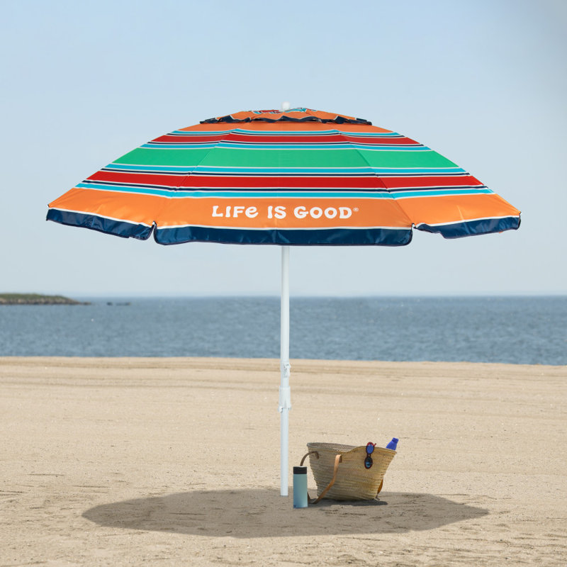 «Life Is Good» Parasol de plage de 7 pi Upf 50+ avec ancre de sable intégrée, bleu