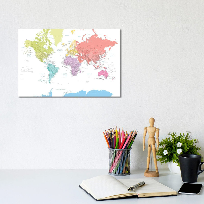 Pastels Detailed World Map With Continents by Blursbyai - Gallery-Wrapped Canvas Giclée on Canvas, 20.32 cm H x 30.48 cm W