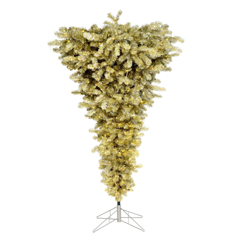 Upside Down Artificial Christmas Tree with LED Warm White Lights with Stand, Green, 7.5'