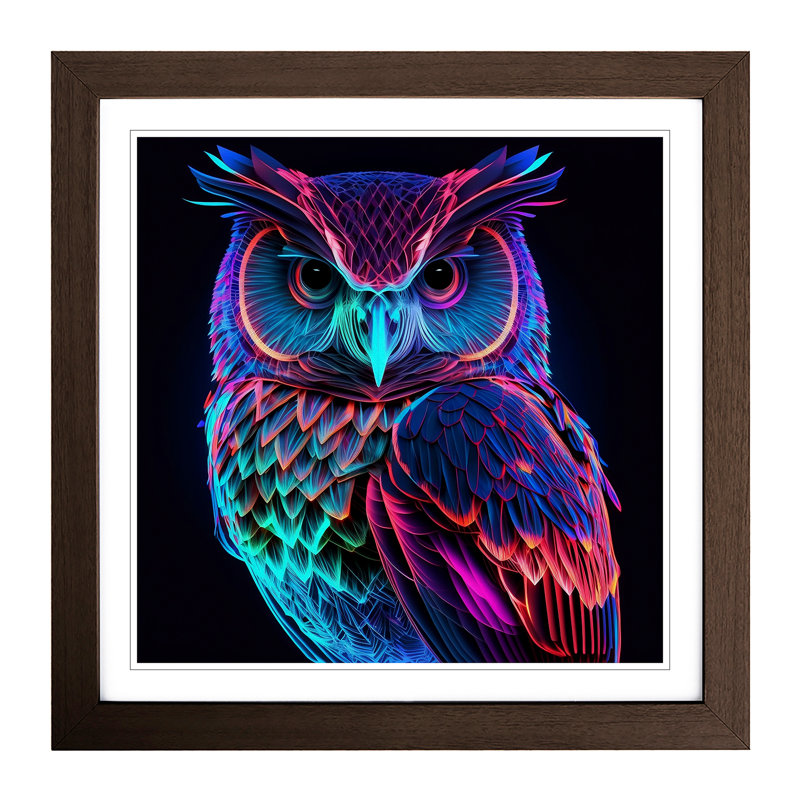 Owl Neon Art - Single Picture Frame Print on Wood, Walnut