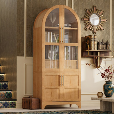 Grand garde-manger noir et brun de 71 po avec portes arquées en verre, armoire de rangement à 4 portes avec tiroir caché