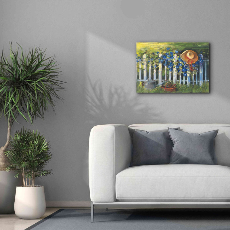 Aaraya Morning Glories On The Fence On Canvas par Carol Rowan, reproduction, H 18 po x l 26 po x P 0,75 po
