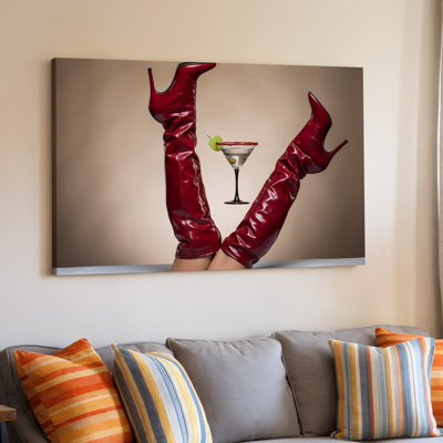 Canvas A Striking Composition Featuring A Pair Of Glossy Red High Wall Art Heeled Boots Elegantly Posed Against A Soft Neutral Canvas Wall Art