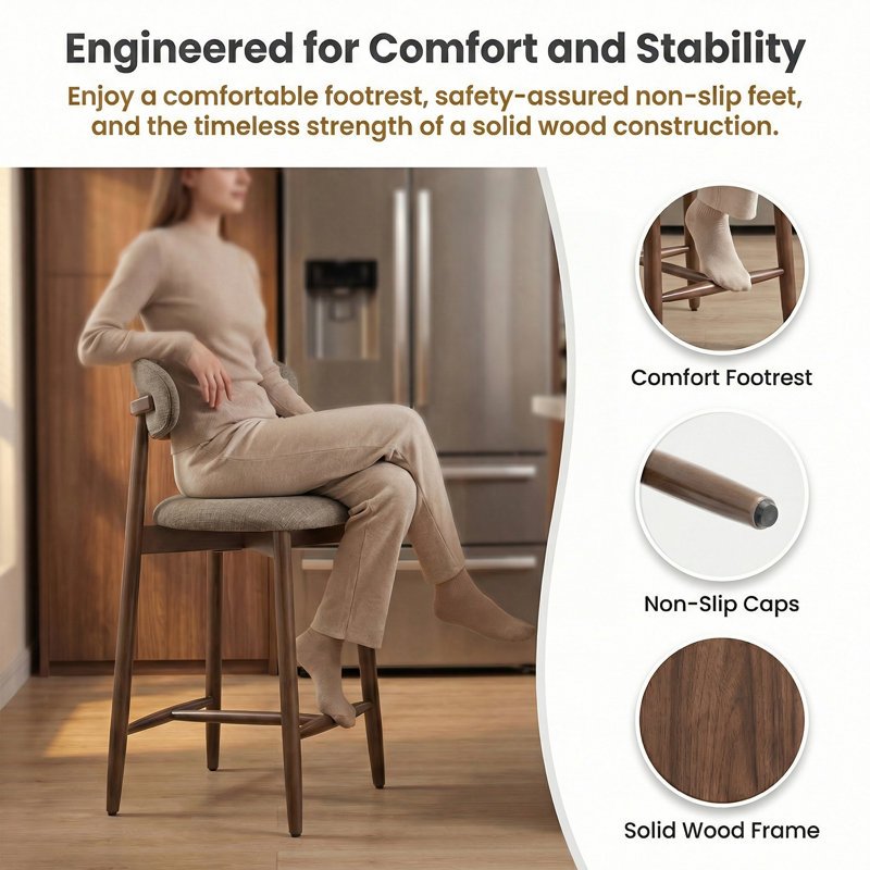 Upholstered Counter Height Bar Stool with Solid Wood legs, Camel, 3
