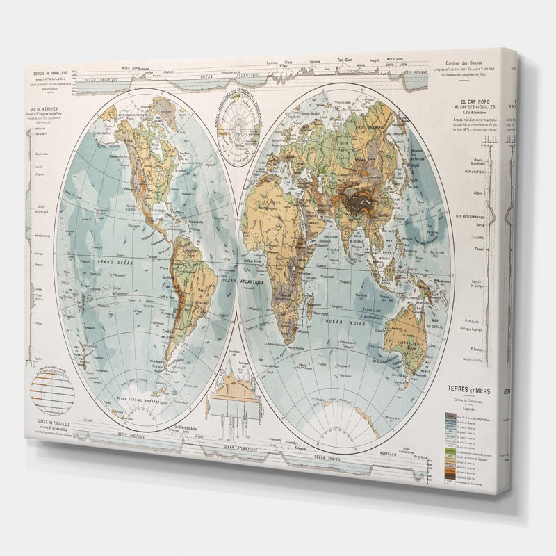 Ancienne carte du monde II - impression sur toile tendue, H 16 po x l 32 po x p 1 po