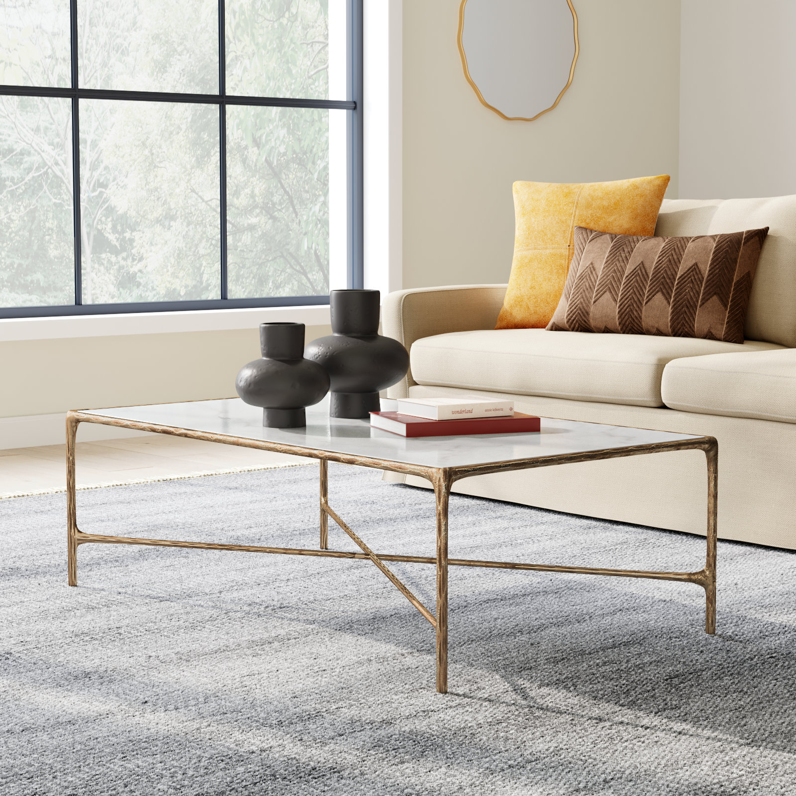 Evelynn Single Coffee Table, Brass, White Marble