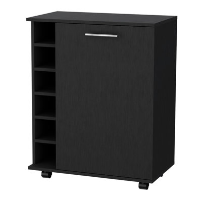 Chariot-bar noir polyvalent avec tablette intérieure et 6 roulettes de rangement décoratives