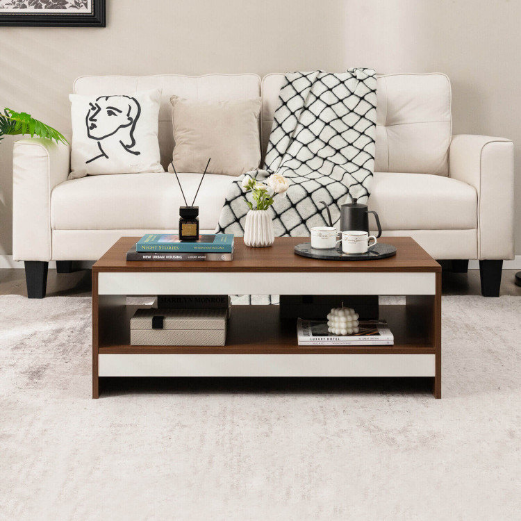 Modern Walnut and White Rectangular Coffee Table with Storage Shelf