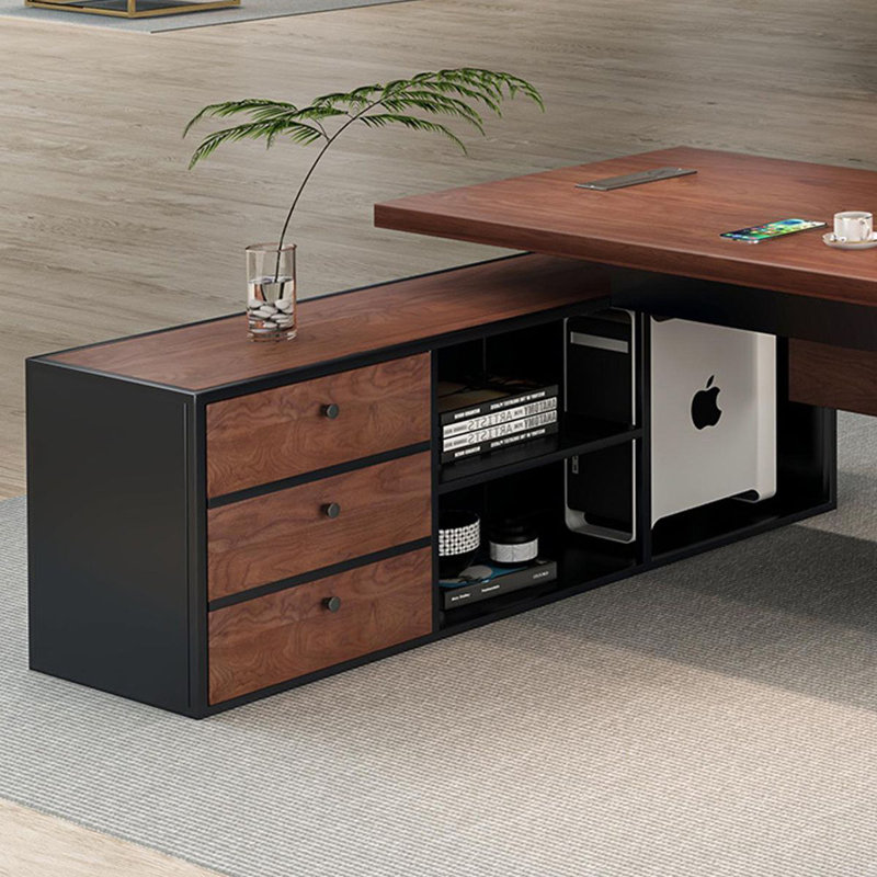 Bureau en bois massif en forme de L brun noyer + noir + acier au carbone avec 3 tiroirs, H 29,53 po x l 78,74 po x P 59,06 po