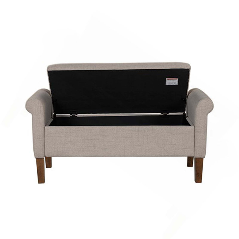 Banc de rangement entièrement rembourré, roulé, coussin de siège rembourré de mousse, couvercle rabattable, structure en bois massif et contreplaqué, espace de pieds en noyer moyen, siège