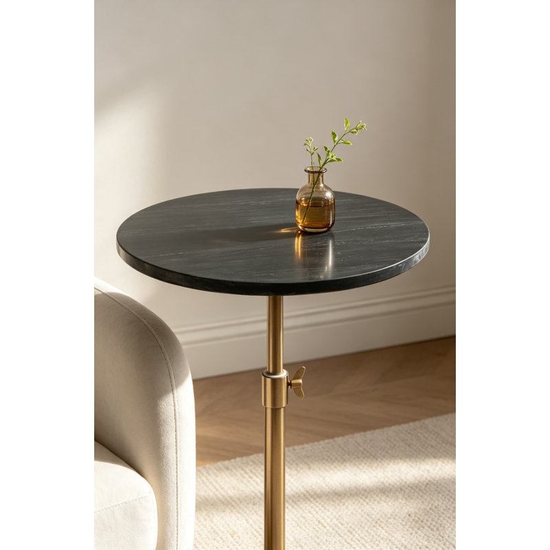 Table d'appoint à hauteur réglable avec plateau en marbre Authentes et finition en laiton antique, table de bout ronde vintage pour support à plante, salon, chambre à coucher et entrée