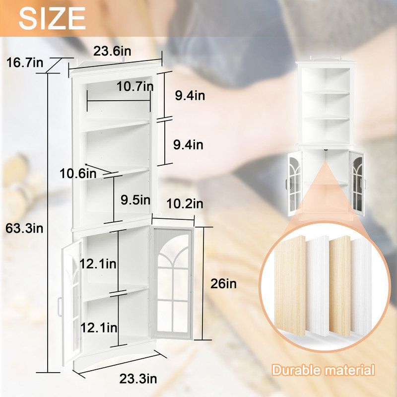 Vaisselier d'angle blanc 63,3 "avec portes et tablettes réglables pour le salon, le bureau, la salle à manger