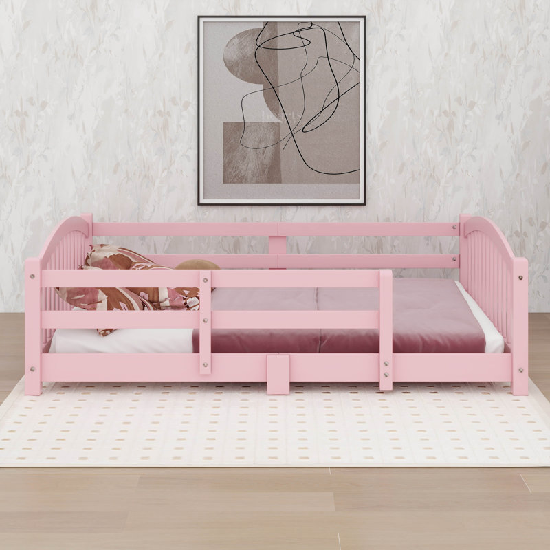 Full Size Montessori Floor Bed With Safety Guardrails, Wood Kids Bed With Slats & Fence And Without Door, Pink, Full / Double