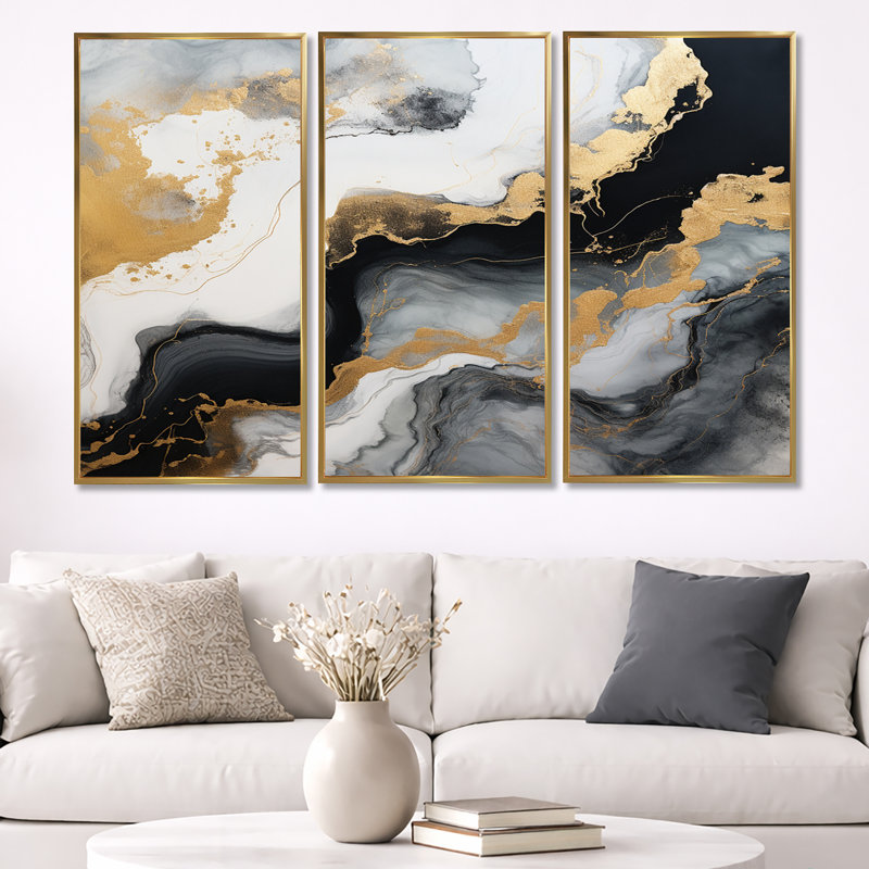 Glam Gold Flows - ensemble d'art mural en marbre noir, Cadre flottant doré, H 40 po x l 60 po x P 1 po