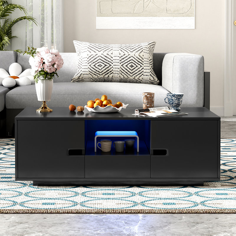 Table basse rectangulaire ultrabrillante moderne U-Can, table centrale élégante avec espace de rangement, mobilier d'appoint avec 16 lumières DEL de couleur pour le salon
