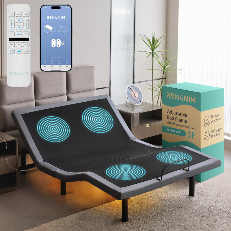 Base de lit réglable avec massage Renanim SerenityFlex, USB, éclairage sous le lit, contrôle de l'application