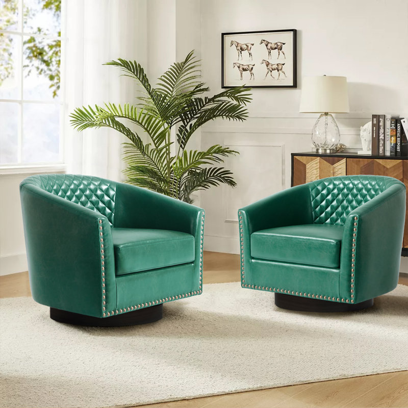 75.2Cm Wide Tufted Swivel Barrel Chair, Green Faux Leather