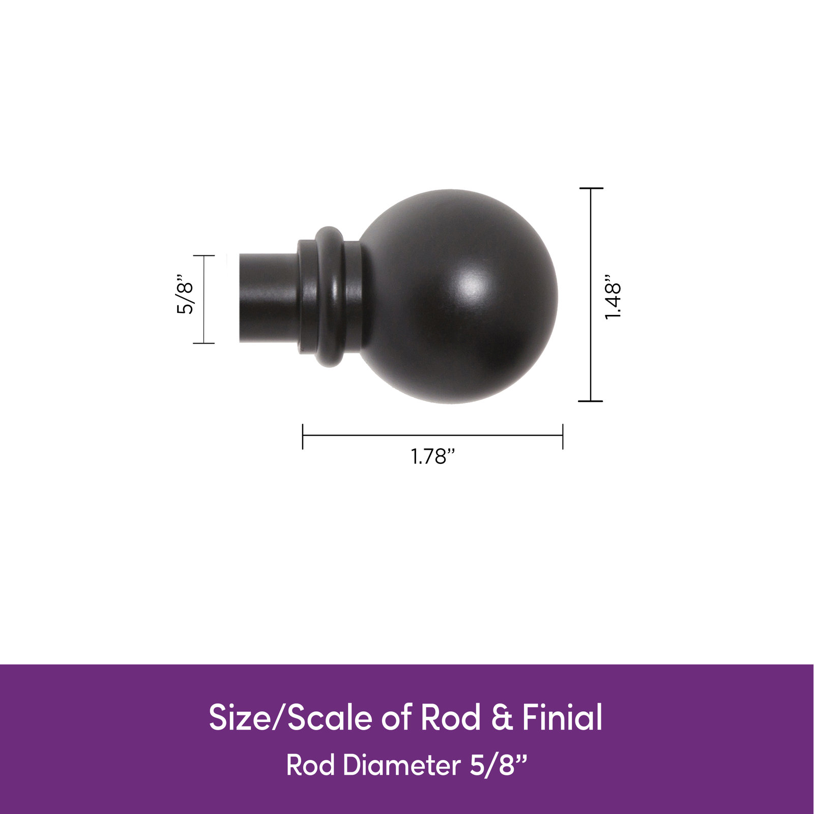 Camptown Ball End Single Curtain Rod, 28" - 48" , Black