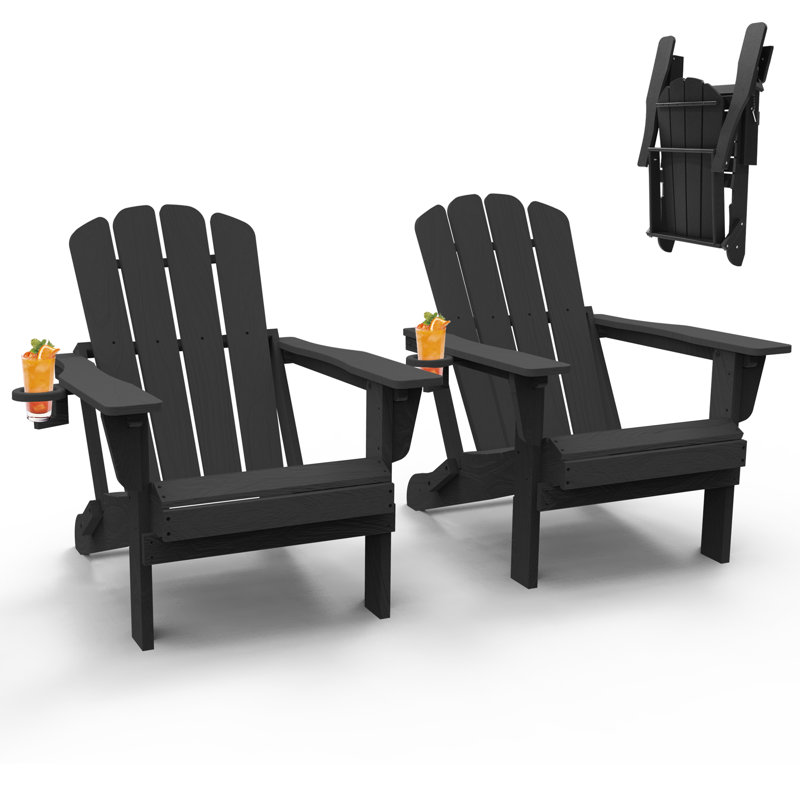 Outdoor Weather-Resistant High Density Polyethylene Foldable Adirondack Chairs with Cup Holder Set of 2, Black