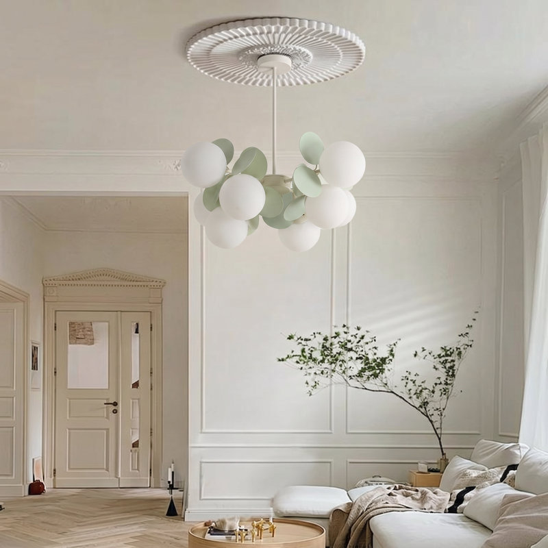 Lustre moderne spoutnik vert unique avec abat-jours en verre, 8 lumières
