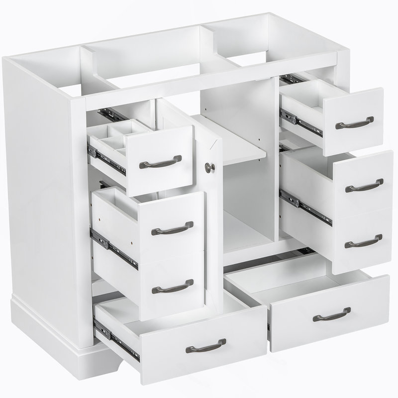 Meuble-lavabo 36 po sans lavabo, base d'armoire seulement, six tiroirs, Blanc