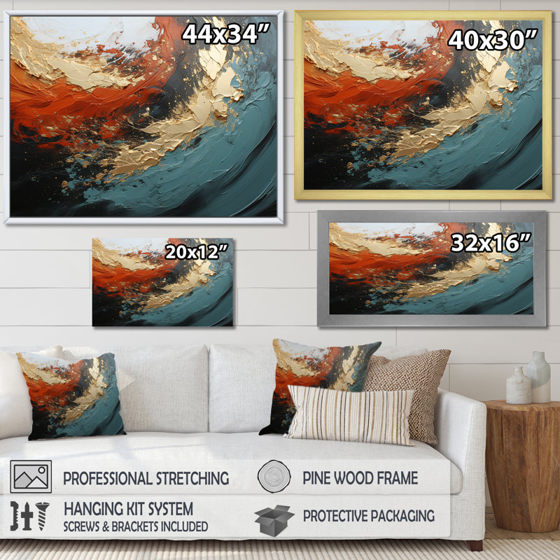 Orange et marbre orange, lave I - art mural abstrait, Cadre doré à coins fermés, H 34 po x l 44 po x P 1,5 po