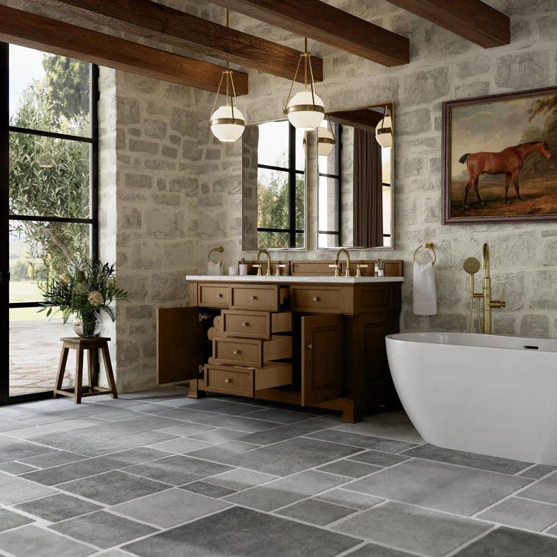 Brookfield 60'' W Double Vanity, Eternal Jasmine Pearl, Honey Oak
