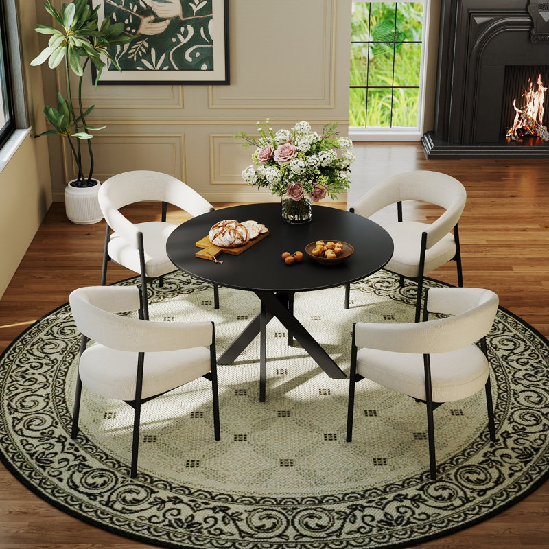 Ensemble de table de salle à manger ronde en bois avec fauteuil, table de cuisine avec base à piédestal et chaises en chenille pour petits espaces