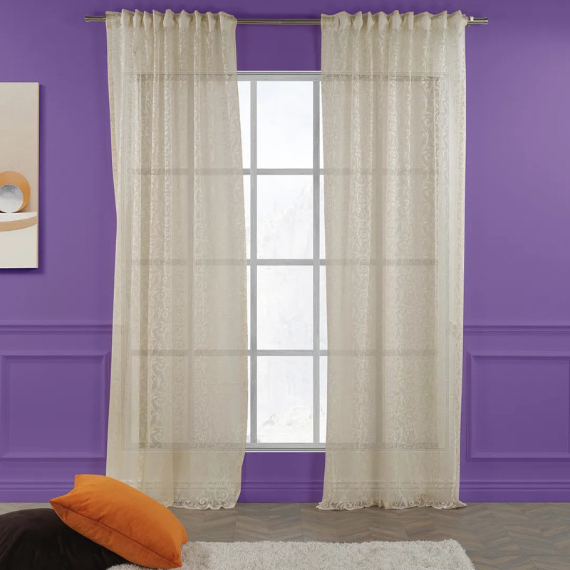 Extra Long and Extra Wide Classic Lace Patterned Sheer Curtain Panels, 100" W x 264" L, Beige