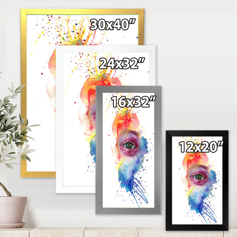 Détail d'un œil sur un visage multicolore - peinture sur toile, H 40 po x l 30 po x 1,5 po, Toile encadrée d'or