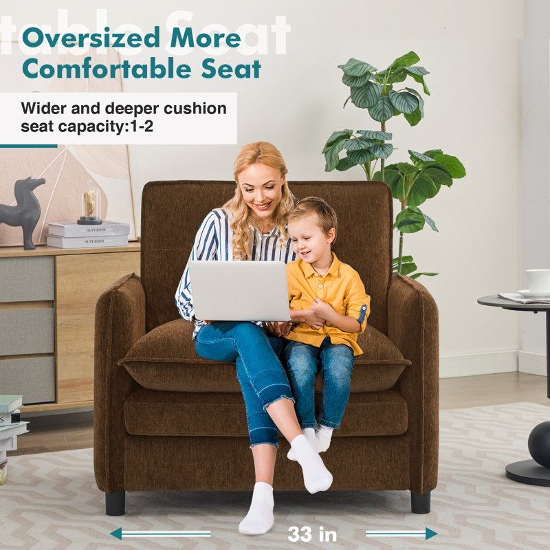 Deloni 41"W Upholstered Oversized Chenille Accent Chair with Ottoman Set for Living Room with 2 Pillow, Brown
