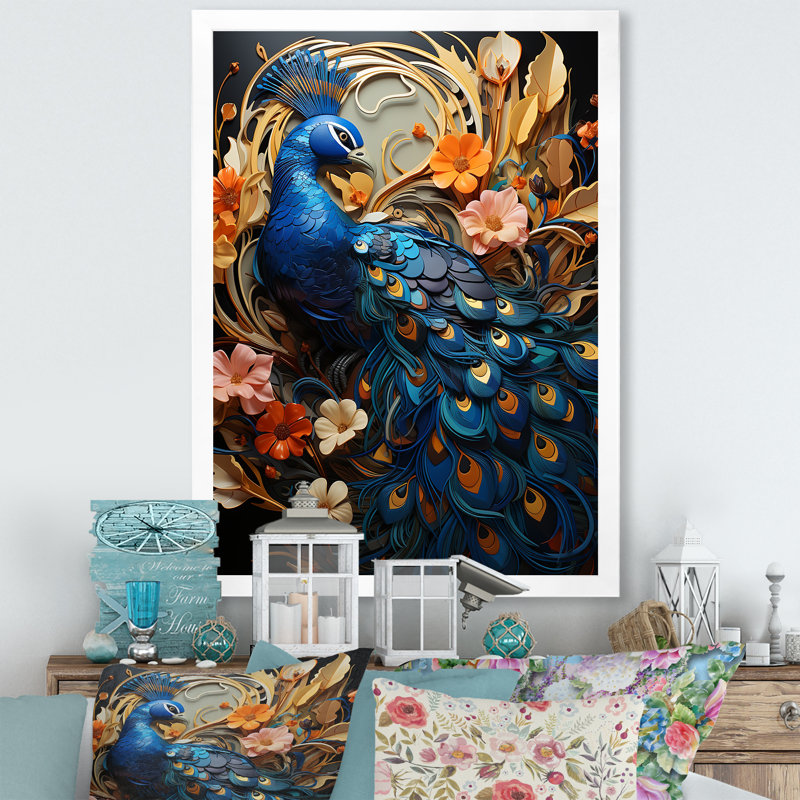 «Majestic Blooming Plumage Peacock I», reproduction sur toile, Cadre photo blanc, H 20 po x l 12 po x P 1 po