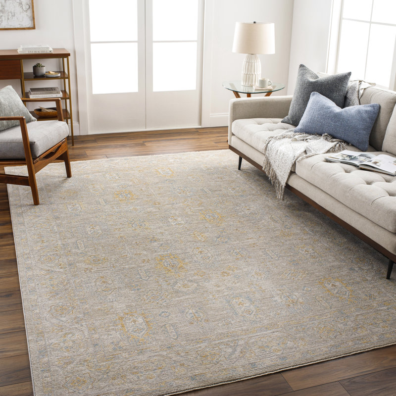 Tapis oriental en polyester tissé à la machine Don Beige / bleu / or, Rectangle 10 pi x 14 pi