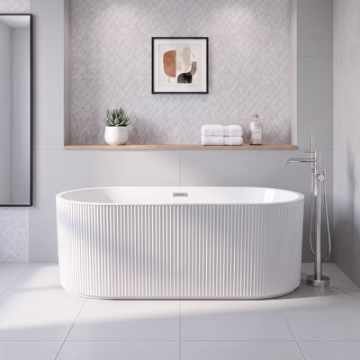 Baignoire autoportante moderne en acrylique linéaire de 150 x 76 cm avec trop-plein et bonde rétractable, certifiée CUPC, blanc brillant