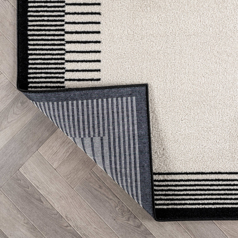 Tapis moderne à motif abstrait à bordure douce, Crème/noir, Tapis de couloir 2 pi 2 po x 12 pi