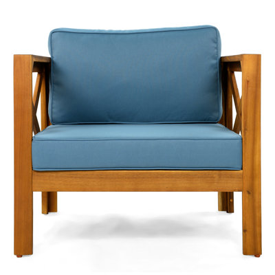 Fauteuils club d'extérieur en bois avec coussins bleus, conversation, siège ergonomique confortable pour se prélasser