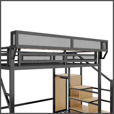 Grand lit mezzanine en métal avec escalier de rangement, garde-robe intégrée, tablettes de rangement